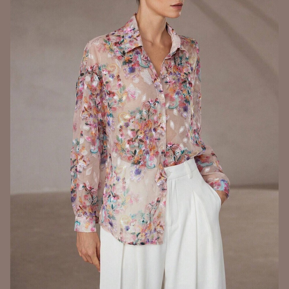Blush Sheer Floral Print Button Front Long Sleeve Blouse